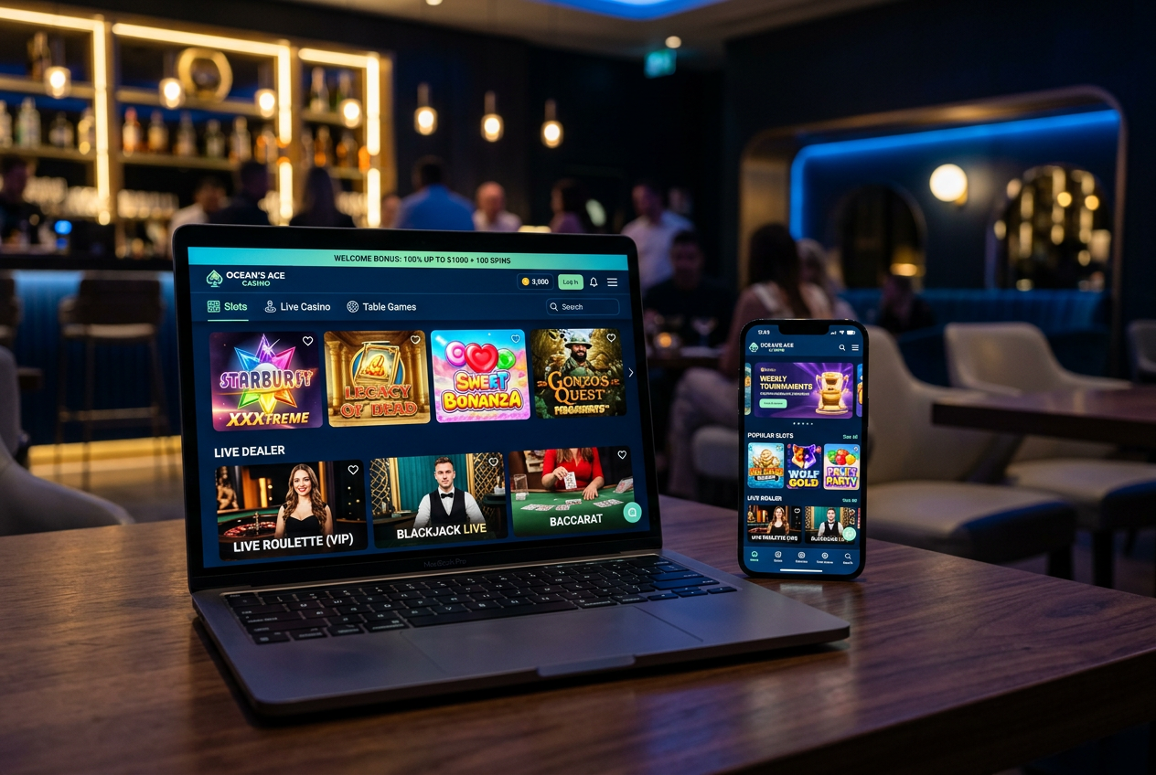 Μια σύγχρονη διεπαφή online casino σε smartphone και laptop.