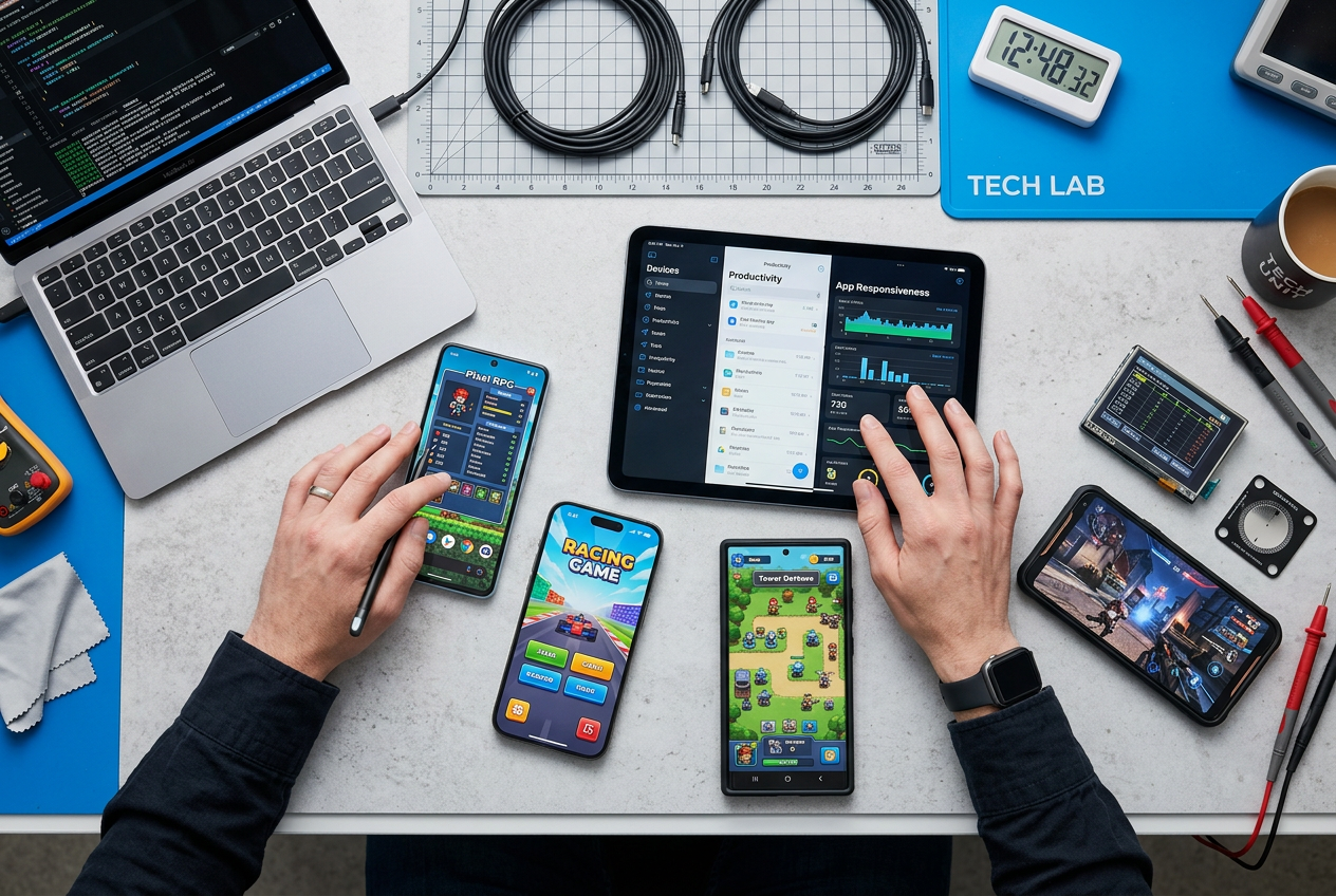 A group of mobile devices being tested for casino performance