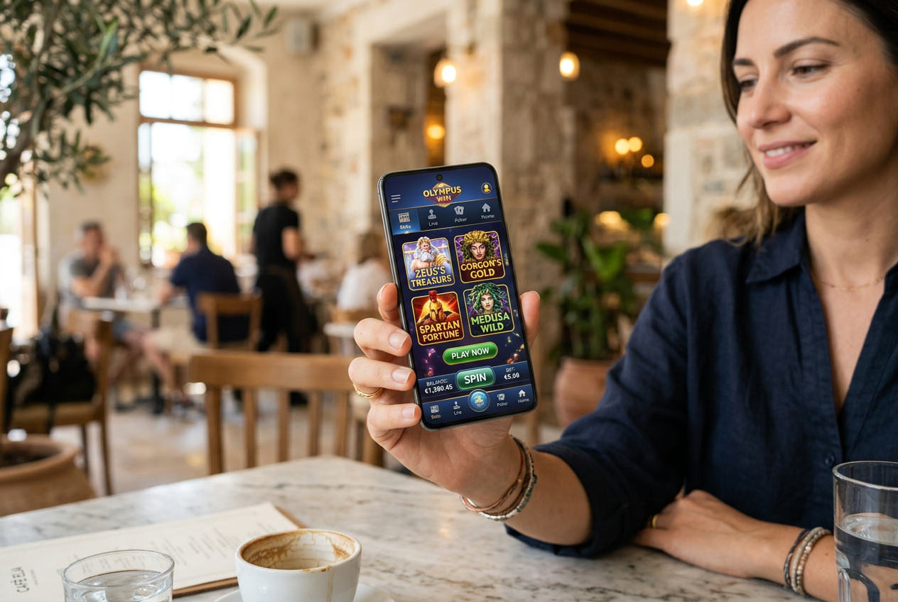 A modern smartphone displaying a casino app lobby in Greece