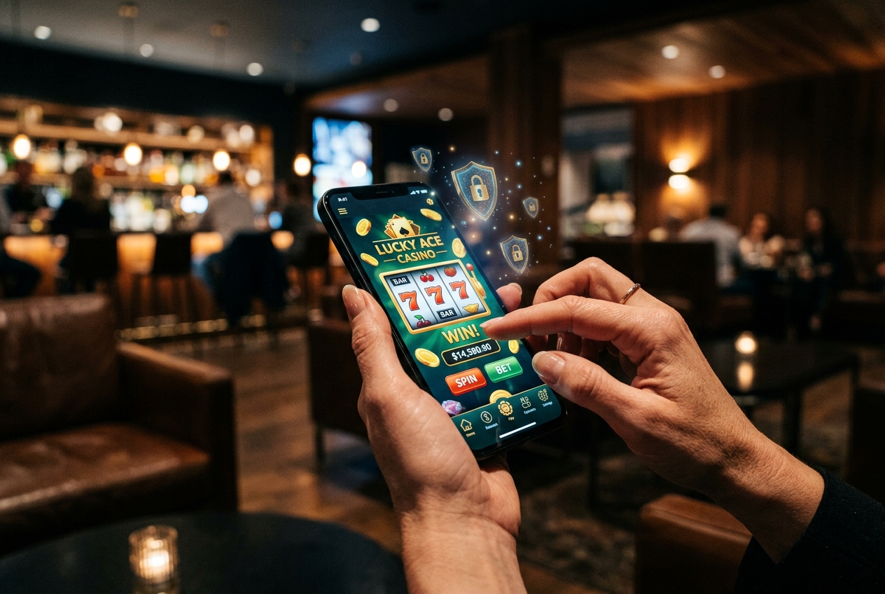 A person's hands using a smartphone to test a casino app, surrounded by security icons.