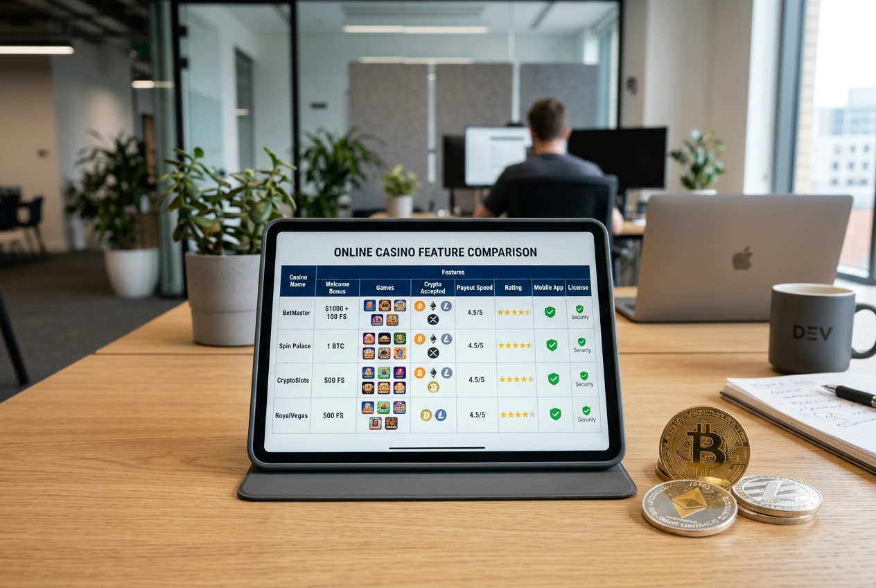 A tablet showing a comparison chart of online casinos with various cryptocurrency icons.