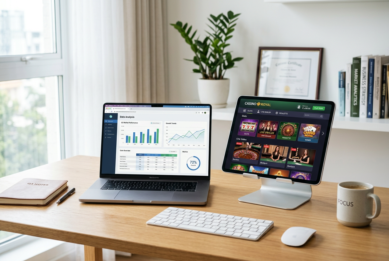 A professional analyst reviewing casino data on a modern laptop and tablet.
